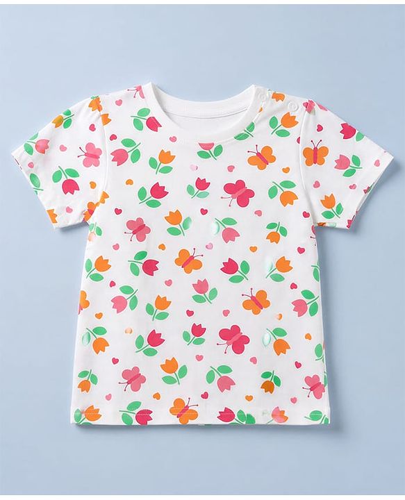 Pine Kids Cotton Knit Half Sleeves Co-Ords Top & Pyjama Night Suit with Butterfly & Floral Print - White