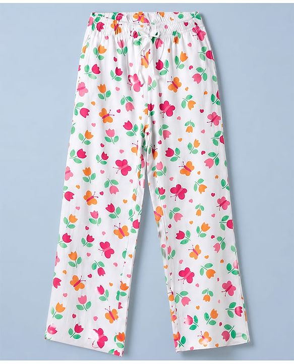 Pine Kids Cotton Knit Half Sleeves Co-Ords Top & Pyjama Night Suit with Butterfly & Floral Print - White