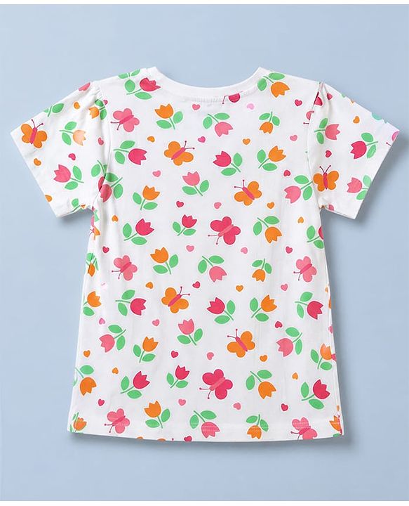 Pine Kids Cotton Knit Half Sleeves Co-Ords Top & Pyjama Night Suit with Butterfly & Floral Print - White
