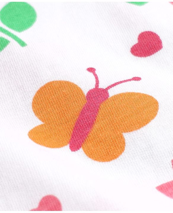 Pine Kids Cotton Knit Half Sleeves Co-Ords Top & Pyjama Night Suit with Butterfly & Floral Print - White