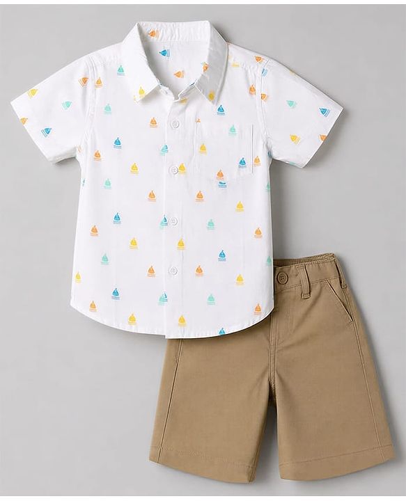 Babyhug 100% Cotton Woven Half Sleeves Printed Shirt & Shorts Set - White & Beige