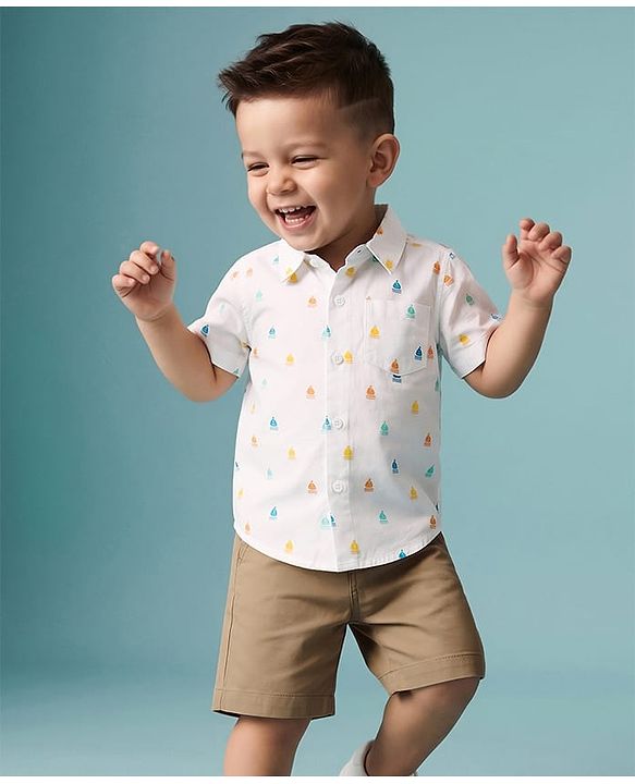 Babyhug 100% Cotton Woven Half Sleeves Printed Shirt & Shorts Set - White & Beige
