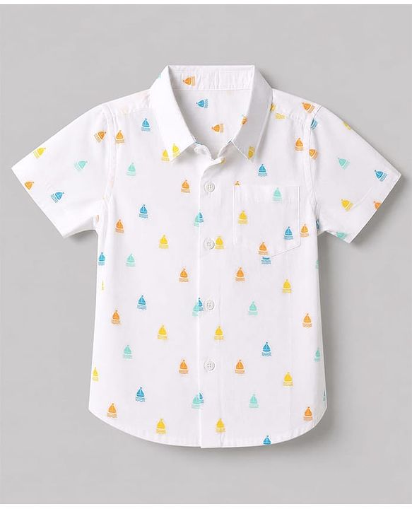 Babyhug 100% Cotton Woven Half Sleeves Printed Shirt & Shorts Set - White & Beige