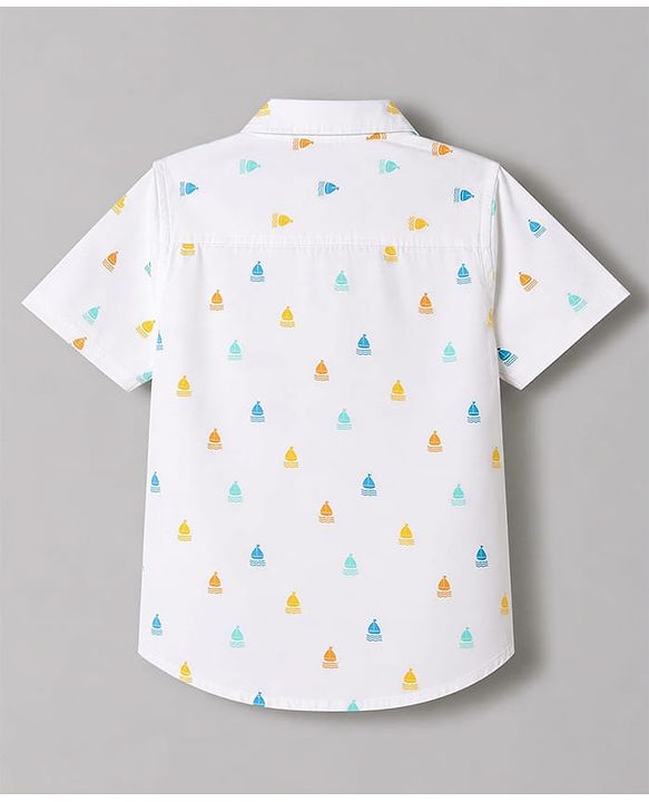 Babyhug 100% Cotton Woven Half Sleeves Printed Shirt & Shorts Set - White & Beige