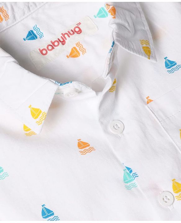 Babyhug 100% Cotton Woven Half Sleeves Printed Shirt & Shorts Set - White & Beige
