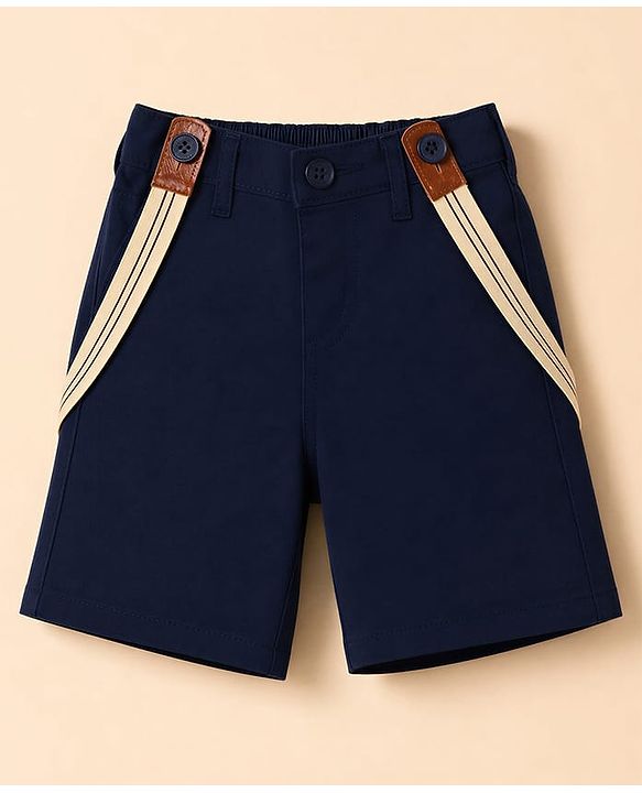 Babyhug 100% Cotton Woven Half Sleeves Striped & Triangles Printed Shirt & Shorts Set With Suspender & Bow - White & Navy Blue