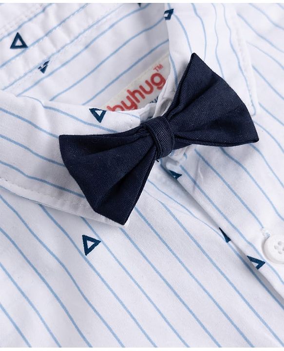Babyhug 100% Cotton Woven Half Sleeves Striped & Triangles Printed Shirt & Shorts Set With Suspender & Bow - White & Navy Blue