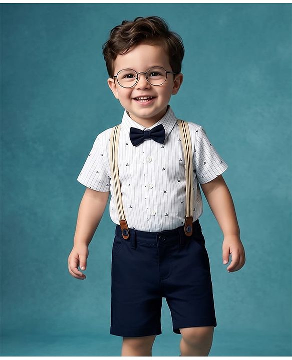 Babyhug 100% Cotton Woven Half Sleeves Striped & Triangles Printed Shirt & Shorts Set With Suspender & Bow - White & Navy Blue