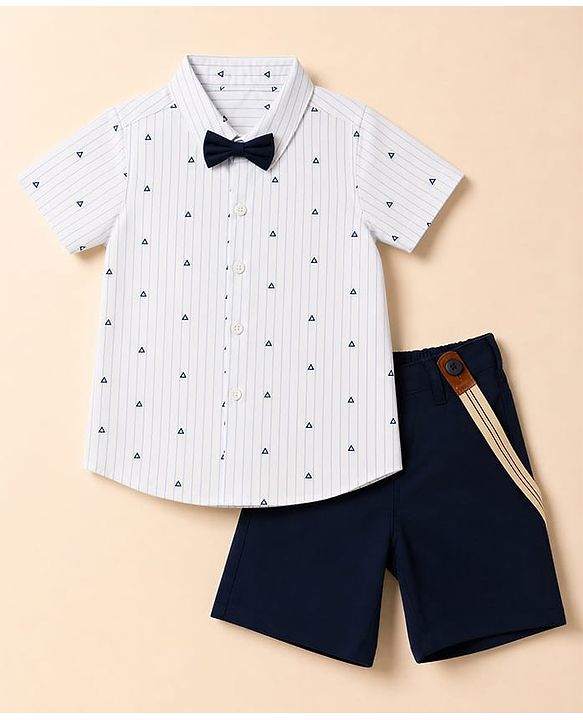 Babyhug 100% Cotton Woven Half Sleeves Striped & Triangles Printed Shirt & Shorts Set With Suspender & Bow - White & Navy Blue