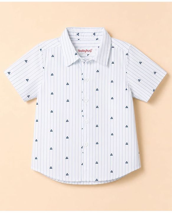 Babyhug 100% Cotton Woven Half Sleeves Striped & Triangles Printed Shirt & Shorts Set With Suspender & Bow - White & Navy Blue