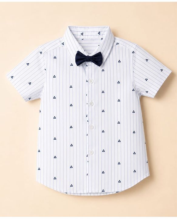 Babyhug 100% Cotton Woven Half Sleeves Striped & Triangles Printed Shirt & Shorts Set With Suspender & Bow - White & Navy Blue