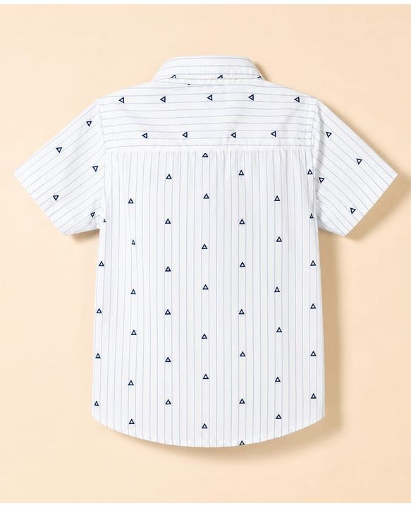Babyhug 100% Cotton Woven Half Sleeves Striped & Triangles Printed Shirt & Shorts Set With Suspender & Bow - White & Navy Blue