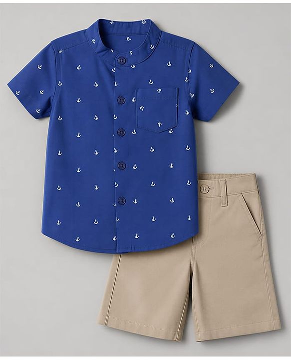 Babyhug 100% Cotton Knit Half Sleeves Nautical Theme Printed Shirt & Shorts Set - Blue & Beige