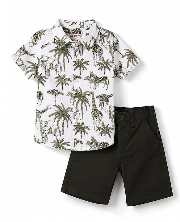 Babyhug 100% Cotton Woven Half Sleeves Shirt & Shorts Set with Jungle Safari Theme Print - Olive Green & White