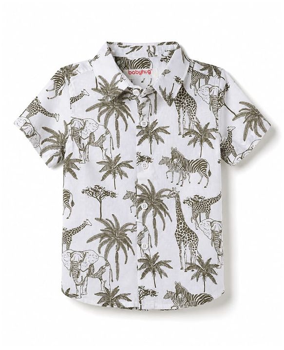 Babyhug 100% Cotton Woven Half Sleeves Shirt & Shorts Set with Jungle Safari Theme Print - Olive Green & White