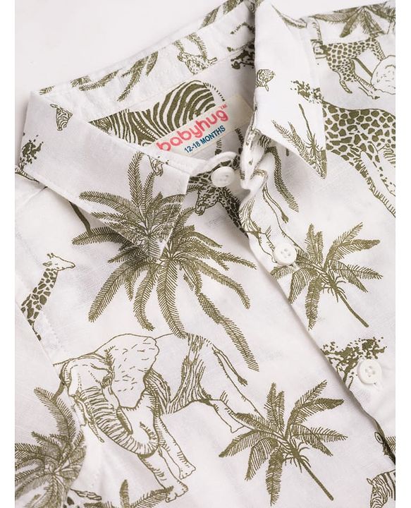 Babyhug 100% Cotton Woven Half Sleeves Shirt & Shorts Set with Jungle Safari Theme Print - Olive Green & White