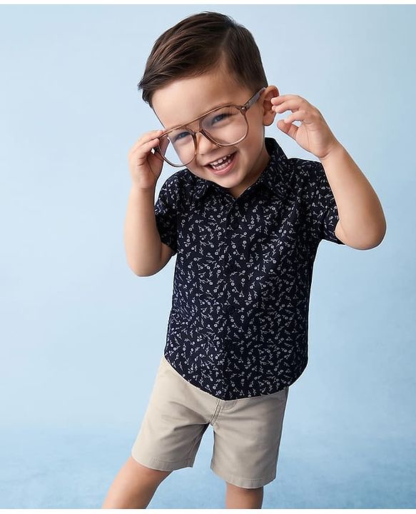 Babyhug 100% Cotton Woven Half Sleeves Floral Printed Shirt & Shorts Set - Navy Blue
