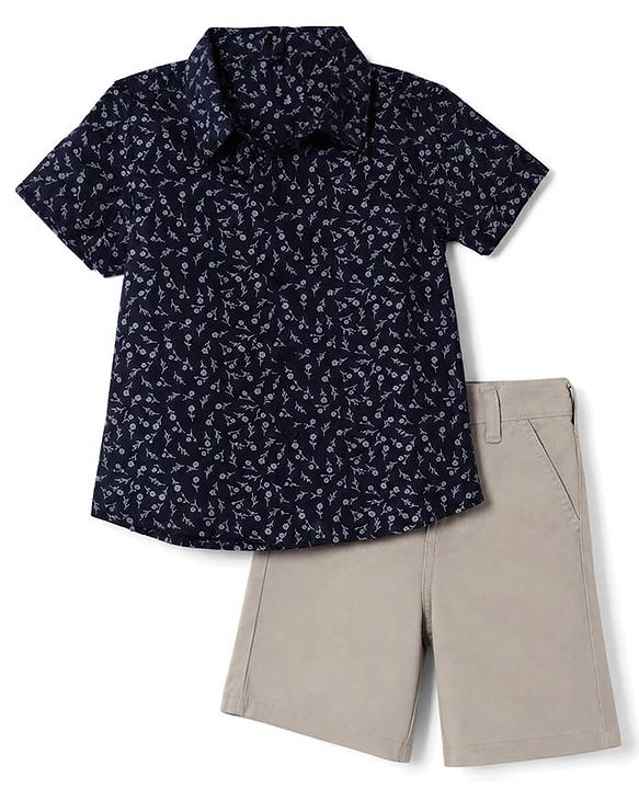 Babyhug 100% Cotton Woven Half Sleeves Floral Printed Shirt & Shorts Set - Navy Blue