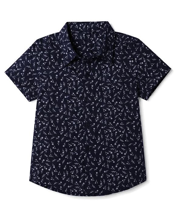 Babyhug 100% Cotton Woven Half Sleeves Floral Printed Shirt & Shorts Set - Navy Blue