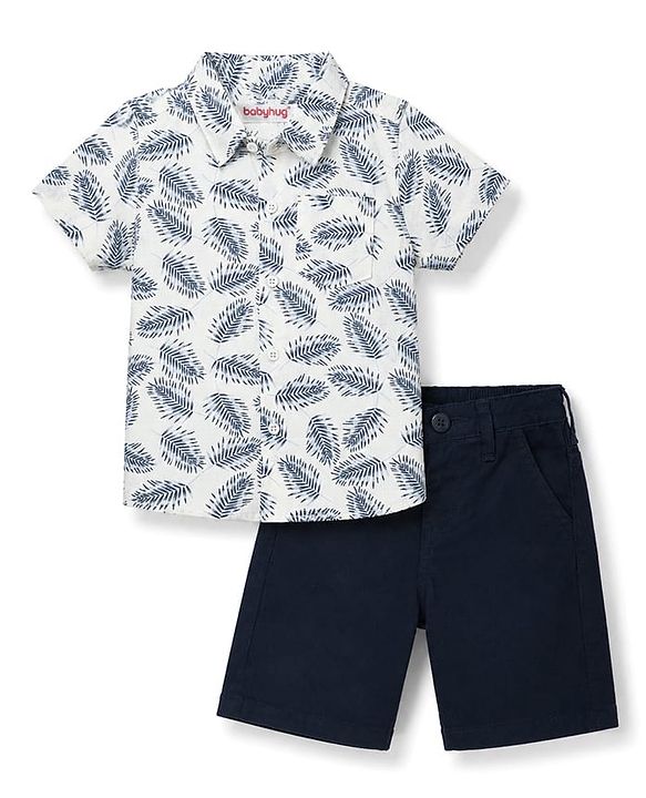 Babyhug 100% Cotton Woven Half Sleeves Shirt & Shorts Set with Leaves Print - Blue