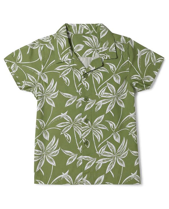 Babyhug 100% Cotton Woven Half Sleeves Tropical Theme Printed Shirt & Shorts Set - Green & Khaki