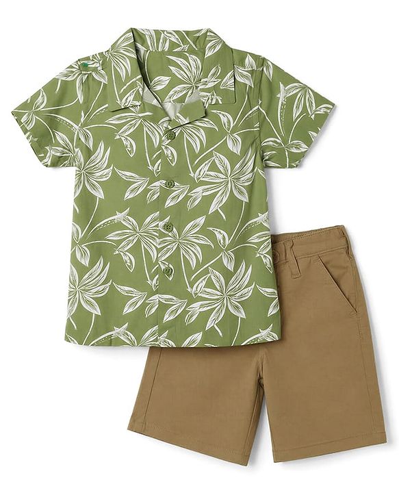 Babyhug 100% Cotton Woven Half Sleeves Tropical Theme Printed Shirt & Shorts Set - Green & Khaki