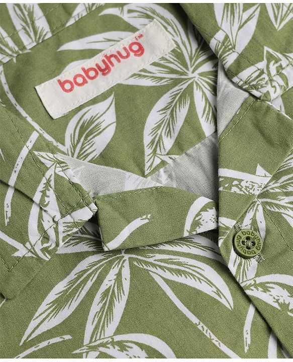 Babyhug 100% Cotton Woven Half Sleeves Tropical Theme Printed Shirt & Shorts Set - Green & Khaki