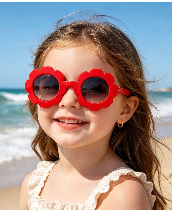 Babyhug Free Size Solid Color Floral Shaped Sunglasses - Red