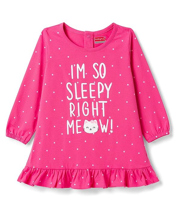 Babyhug 100% Cotton Knit Full Sleeves Nighty With Text Print - Pink