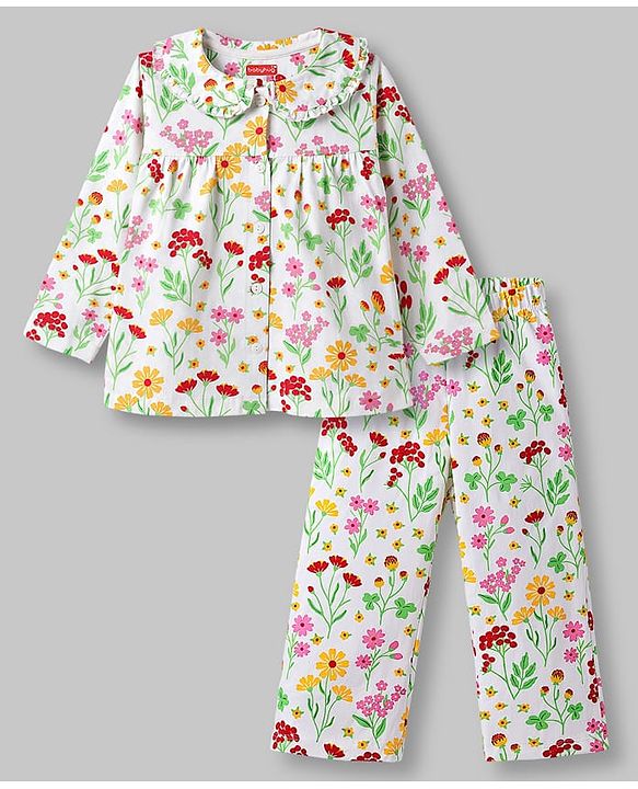 Babyhug Cotton Knit Full Sleeves Peter Pan Collared Top & Pyjama Night Suit Floral Print - White