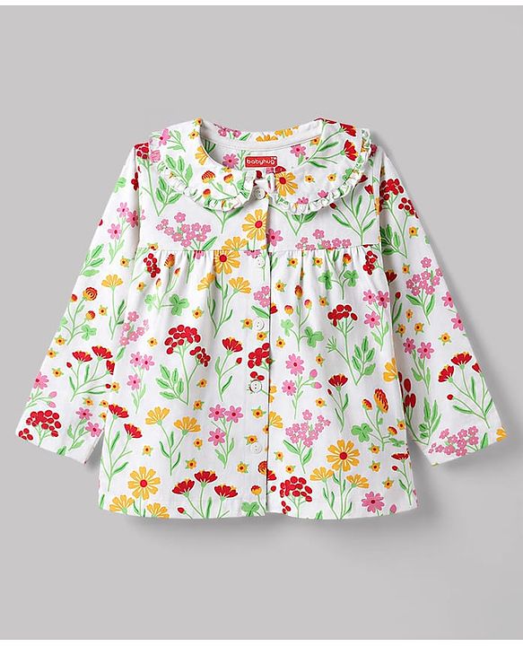 Babyhug Cotton Knit Full Sleeves Peter Pan Collared Top & Pyjama Night Suit Floral Print - White