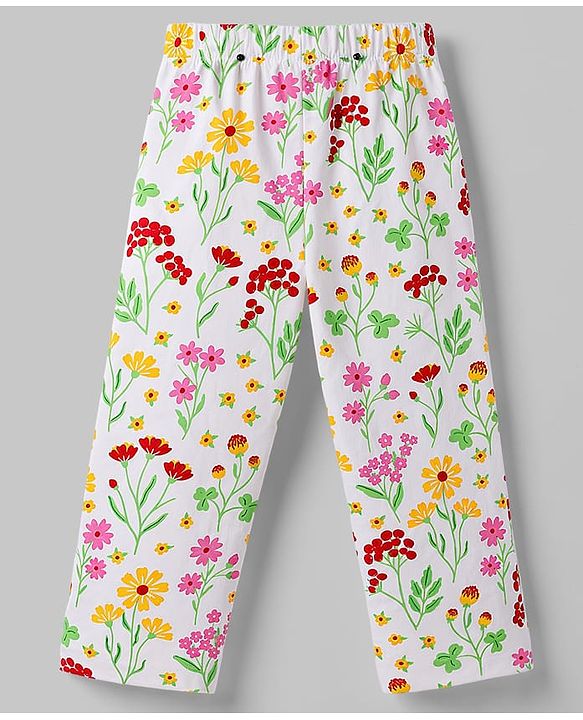 Babyhug Cotton Knit Full Sleeves Peter Pan Collared Top & Pyjama Night Suit Floral Print - White