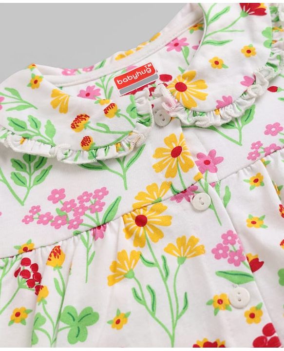 Babyhug Cotton Knit Full Sleeves Peter Pan Collared Top & Pyjama Night Suit Floral Print - White
