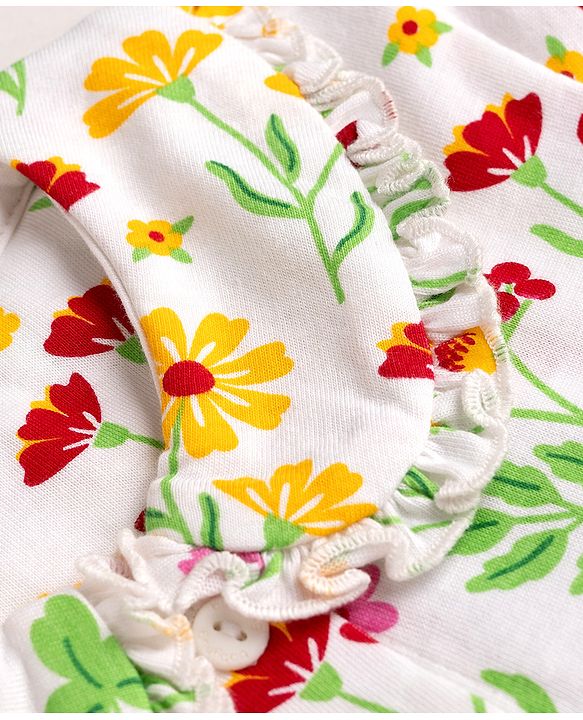 Babyhug Cotton Knit Full Sleeves Peter Pan Collared Top & Pyjama Night Suit Floral Print - White