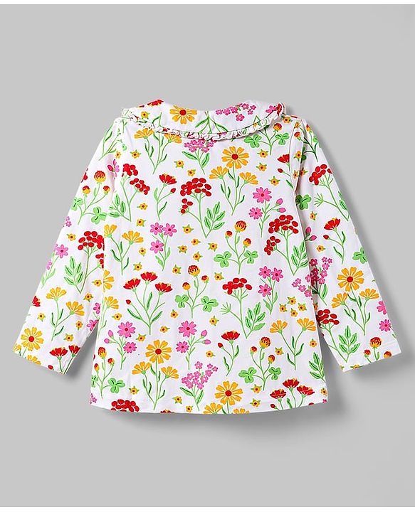 Babyhug Cotton Knit Full Sleeves Peter Pan Collared Top & Pyjama Night Suit Floral Print - White