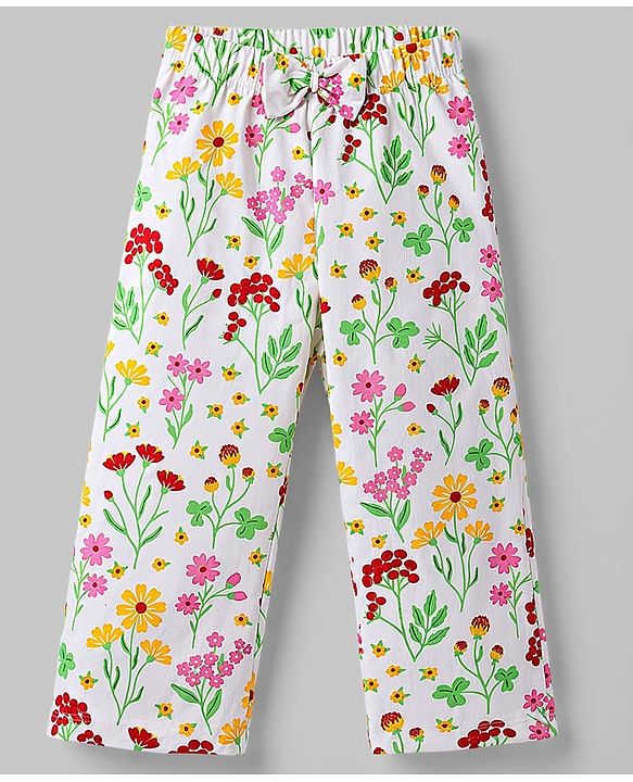 Babyhug Cotton Knit Full Sleeves Peter Pan Collared Top & Pyjama Night Suit Floral Print - White