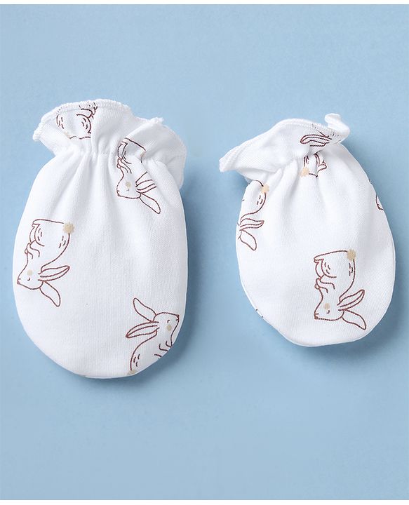 Babyhug 100% Cotton Interlock Knit Cap Mittens & Booties with Bunny Print White - Diameter 15 cm