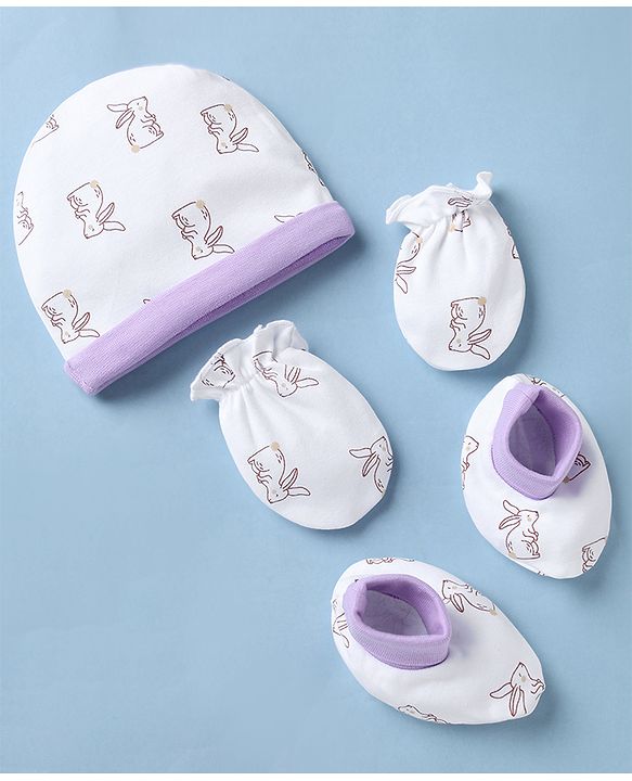 Babyhug 100% Cotton Interlock Knit Cap Mittens & Booties with Bunny Print White - Diameter 15 cm