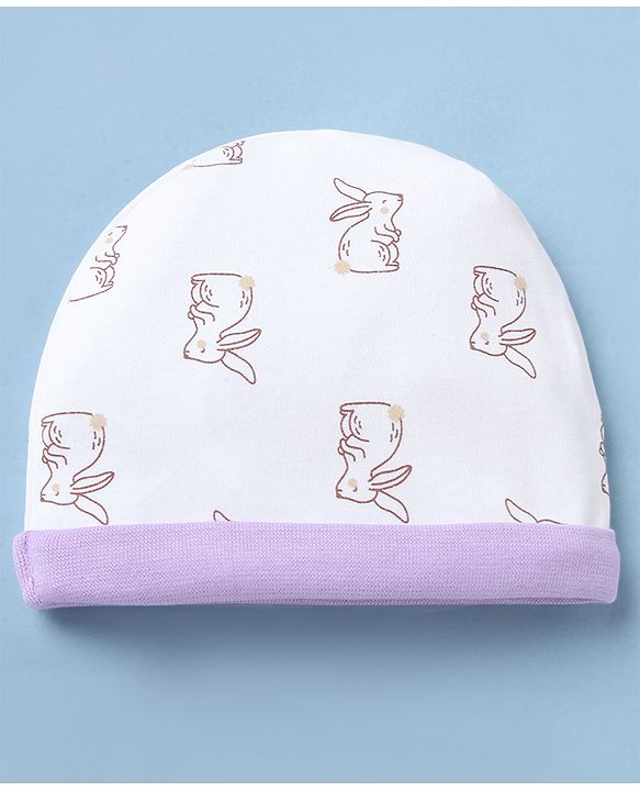 Babyhug 100% Cotton Interlock Knit Cap Mittens & Booties with Bunny Print White - Diameter 15 cm