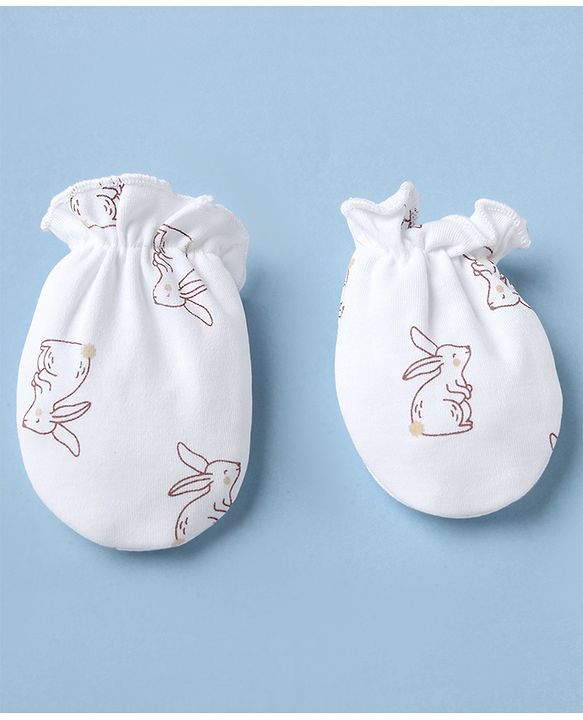 Babyhug 100% Cotton Interlock Knit Cap Mittens & Booties with Bunny Print White - Diameter 15 cm
