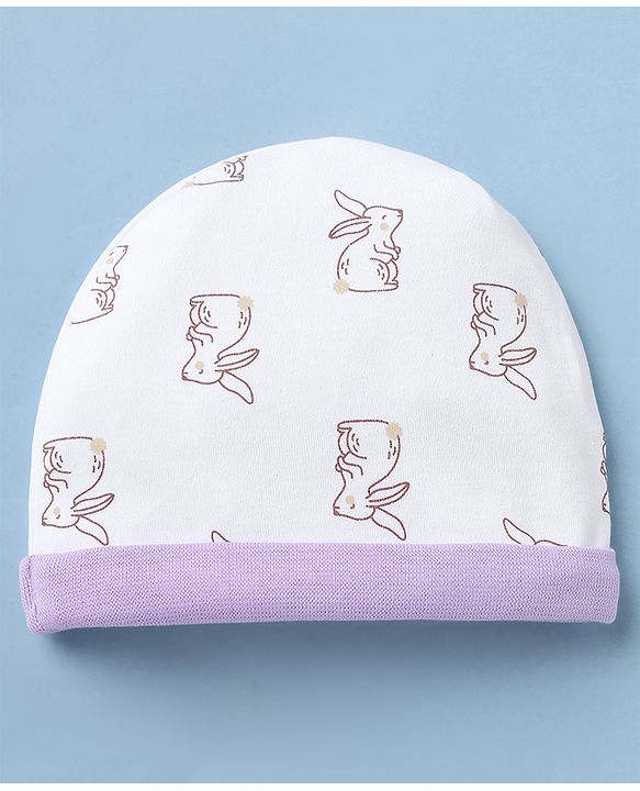 Babyhug 100% Cotton Interlock Knit Cap Mittens & Booties with Bunny Print White - Diameter 15 cm