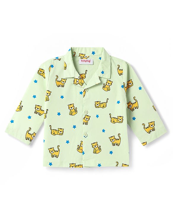 Babyhug Cotton Knit Full Sleeves Shirt & Pyjama Co-Ord Night Suit With Star & Cub Print - Green