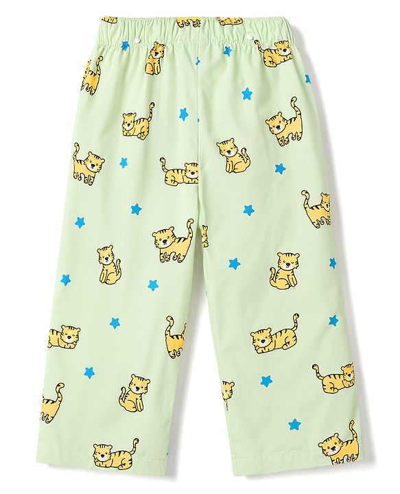 Babyhug Cotton Knit Full Sleeves Shirt & Pyjama Co-Ord Night Suit With Star & Cub Print - Green