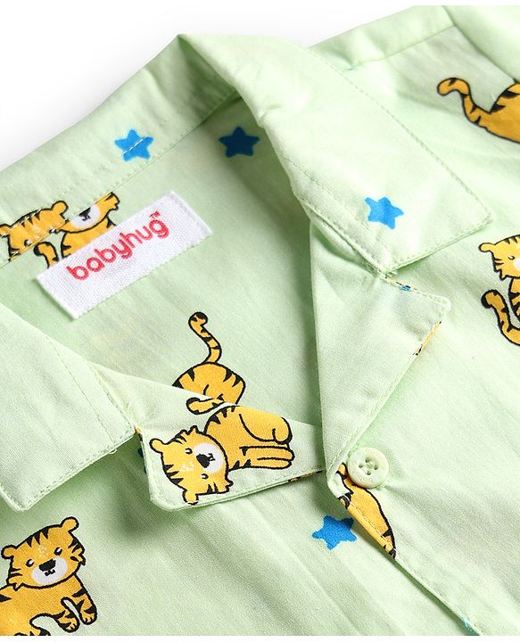 Babyhug Cotton Knit Full Sleeves Shirt & Pyjama Co-Ord Night Suit With Star & Cub Print - Green