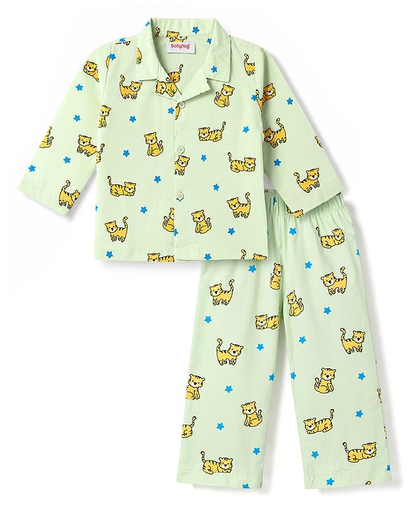 Babyhug Cotton Knit Full Sleeves Shirt & Pyjama Co-Ord Night Suit With Star & Cub Print - Green