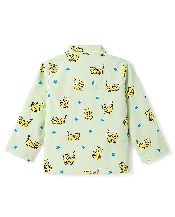 Babyhug Cotton Knit Full Sleeves Shirt & Pyjama Co-Ord Night Suit With Star & Cub Print - Green