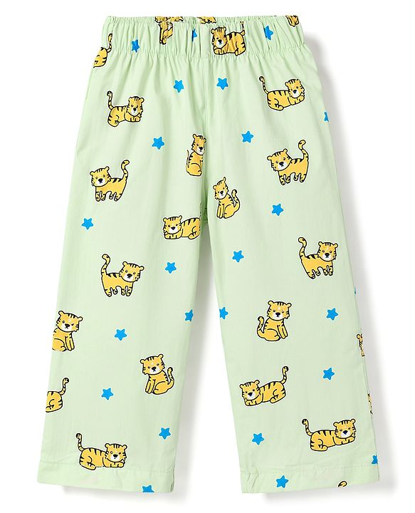 Babyhug Cotton Knit Full Sleeves Shirt & Pyjama Co-Ord Night Suit With Star & Cub Print - Green