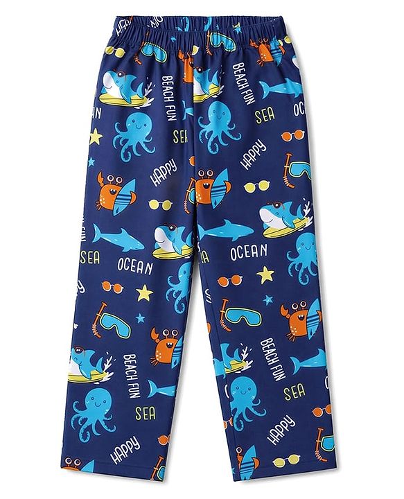 Babyhug 100% Cotton Woven Full Sleeves Front Open Co-Ords Sea Life Printed Shirt & Pajama Night Suit - Blue