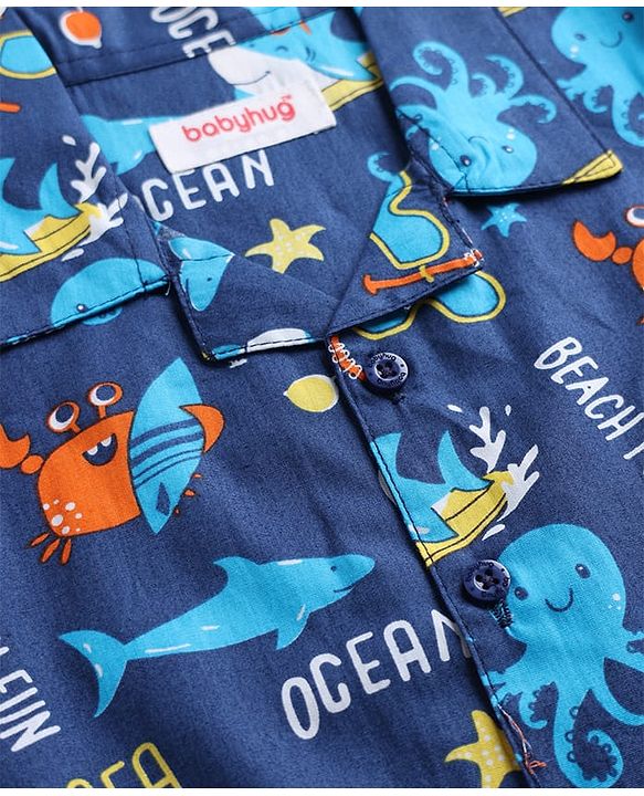 Babyhug 100% Cotton Woven Full Sleeves Front Open Co-Ords Sea Life Printed Shirt & Pajama Night Suit - Blue