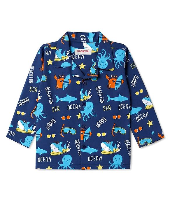 Babyhug 100% Cotton Woven Full Sleeves Front Open Co-Ords Sea Life Printed Shirt & Pajama Night Suit - Blue